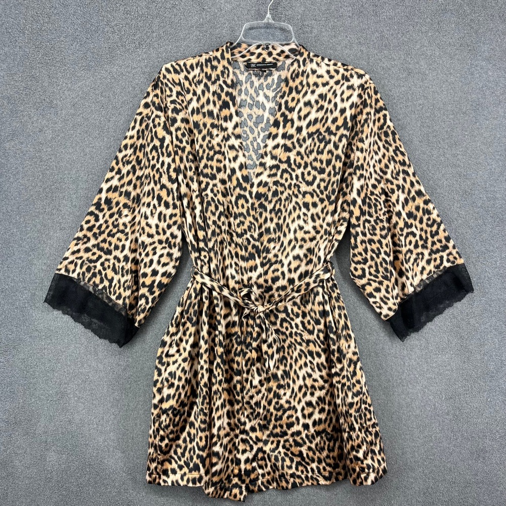 INC Leopard Print Satin Robe Women M Brown Black Lace Trim Kimono Belted Pockets